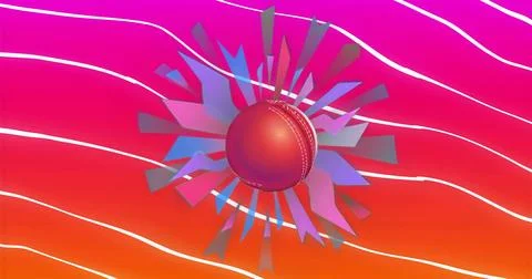 Featuring red cricket ball with stitched seam against gradient background, wi Illustrazione stock