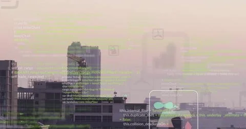 Featuring scaffolded and completed high-rises at rooftop view with code overlay 스톡 사진