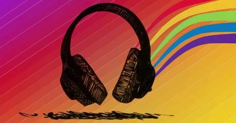 Featuring scribble headphones hovering over scribble shadow on rainbow backdrop, Stock Photos
