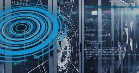 Featuring server rack displaying wireframe sphere in data center with blue Stock Photos