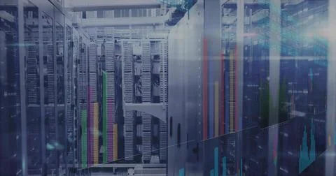Featuring server racks blinking LED lights in data center, with color-coded Stockfoto's