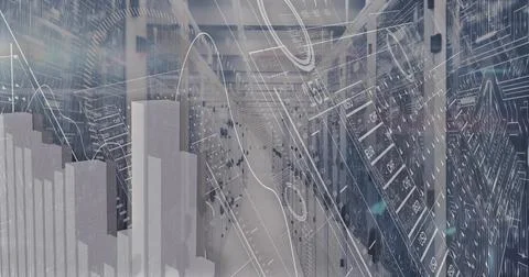 Featuring server racks in data center corridor, showing line graphs, 3D bars, Stock Photos