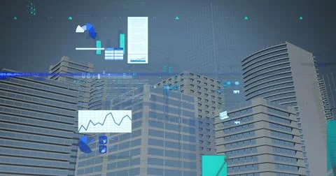 Featuring skyscrapers projecting floating data panels with charts in futuristic Foto stock