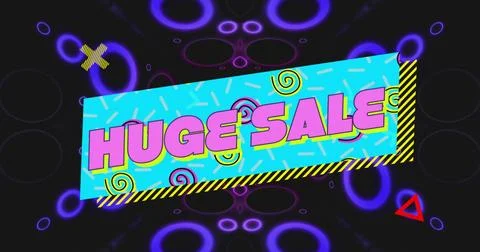 Featuring slanted cyan panel displaying HUGE SALE on neon ringed backdrop, Stock Photos