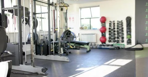 Featuring squat rack or cable machine occupying left of gym, with plates, ben Stock Photos