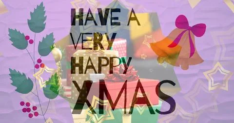 Featuring stack of colorful gift boxes in holiday card design, with holly Stock Photos