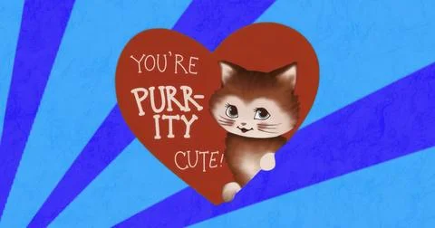 Featuring stylized cartoon kitten peeking behind red heart in flat graphic, with イラスト素材