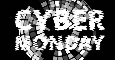 Featuring stylized CYBER MONDAY text over circular gray white pixel mosaic Stock Photos