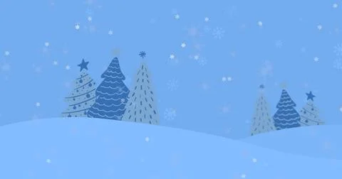 Featuring stylized evergreen trees with patterns on snow hills, snowflake icons, Stock Photos