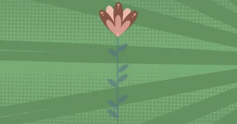 Featuring stylized flower with pink and brown petals on leafy stem in abstract Stock Illustration