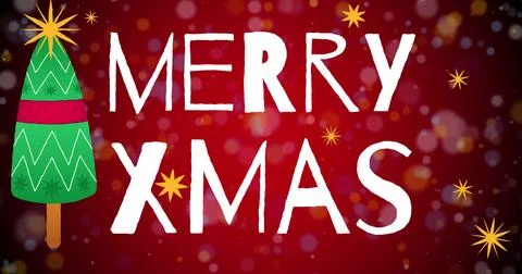 Featuring stylized green Christmas tree and MERRY XMAS text on festive graphic 스톡 일러스트