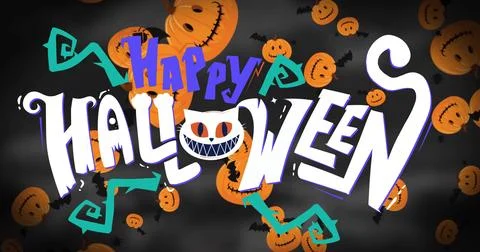 Featuring stylized Happy Halloween text occupying center of poster, with cat O, Stock Illustration