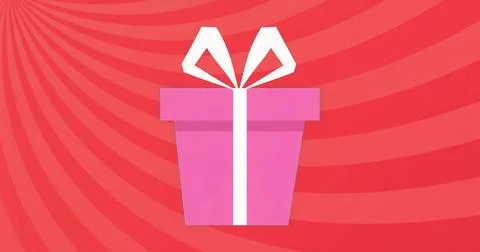 Featuring stylized pink gift box resting on striped red backdrop, topped with Stock Illustration