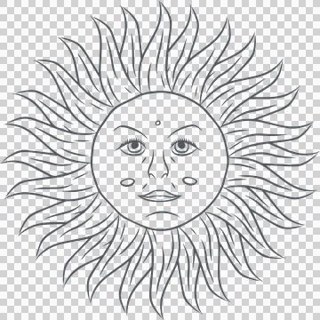 Featuring stylized sun face with flame tendrils and wavy rays in line art, Illustrazione stock