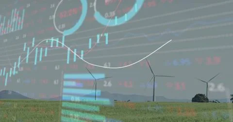 Featuring three wind turbines standing at wind farm on grassy plain, with Stock Illustration
