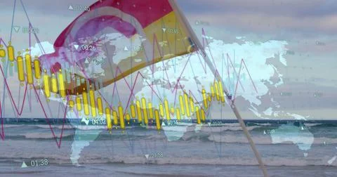 Featuring tilted pole flag fluttering on beach, waves, world map with financial Stockfoto's