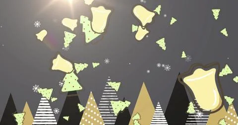 Featuring triangular patterned trees forming forest at night, with pale yellow Fotos de archivo