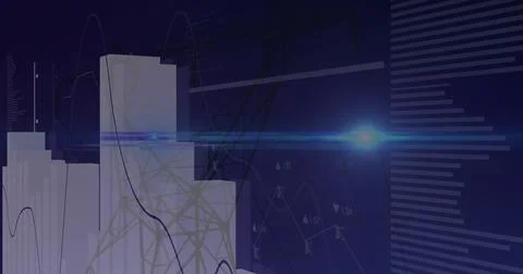 Featuring white 3D bars rising in analytics dashboard with line graphs and lens Stock Photos