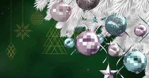 Featuring white branch with pastel metallic baubles against deep green backdrop Stock Illustration
