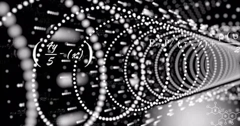 Featuring white dot ringed tunnel pulsing in science space, with equations and Stock Photos