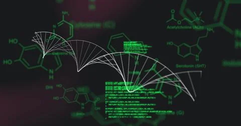 Featuring white dotted wave on dark science interface with green chemical Stock Illustration
