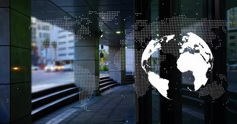 Featuring white globe graphic and dotted world map on right-side glass, 스톡 사진