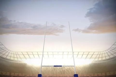 Featuring white goalposts in dusk stadium with floodlights, empty tiered Stock Illustration