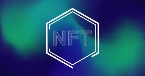 Featuring white hexagon outline containing dotted NFT text in digital art, with Stock Photos