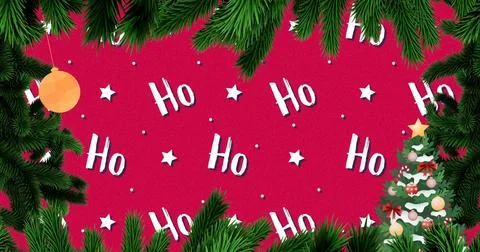 Featuring white Ho pattern on red background, framed by pine boughs, small tree Stock Photos