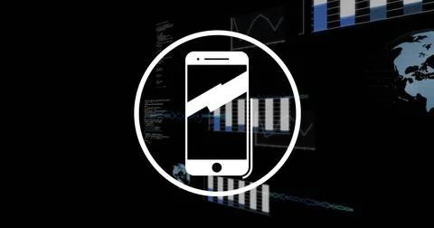 Featuring white phone icon floating on tech UI, showing circle, diagonal stripe, Illustrazione stock
