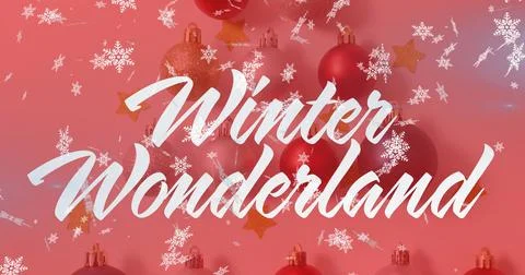 Featuring white Winter Wonderland script on pink gradient with red gold baubles Illustrazione stock