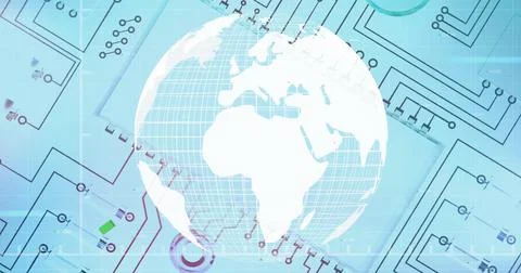 Featuring wireframe globe hovering in digital interface, with circuit traces and Stock Photos