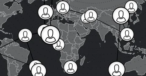 Featuring world map showing large white user node over central Africa, Illustrazione stock