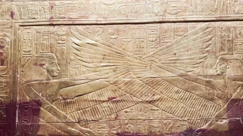 Feb12, 2026, Cairo, Egypt: hieroglyphs, golden sarcophagus of  Egyptian pharaoh Stock Footage 345845676