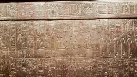 Feb12, 2026, Cairo, Egypt: hieroglyphs, golden sarcophagus of  Egyptian pharaoh Stock Footage 345845944