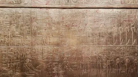 Feb12, 2026, Cairo, Egypt: hieroglyphs, golden sarcophagus of  Egyptian pharaoh Stock Footage 345845983