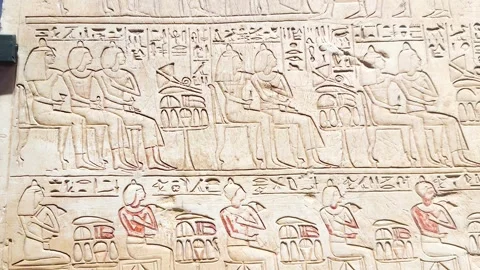 Feb12, 2026, Cairo, Egypt: a wall with ancient Egyptian hieroglyphs Stock Footage 345844429