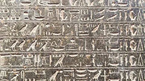 Feb12, 2026, Cairo, Egypt: a wall with ancient Egyptian hieroglyphs Stock Footage 345846187