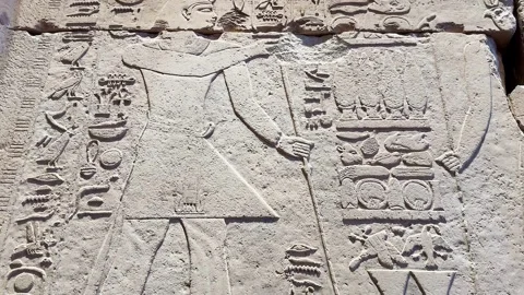 Feb12, 2026, Cairo, Egypt: a wall with ancient Egyptian hieroglyphs Stock Footage 345846785