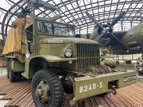 Februari 4, 2023. Old US Army trucks in the Museum at Utah Beach, France Stock Photos