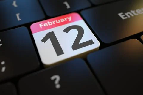 February 12 date on a keyboard key, 3d rendering Illustrazione stock