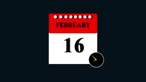 February 16 calendar page with animated clock for deadline and schedule pla.. 스톡 동영상 332896551