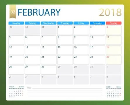 FEBRUARY 2018, illustration vector calendar or desk planner, weeks start on Stock Illustration