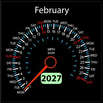 February 2027 calendar designed as a car speedometer with needle Stock Illustration