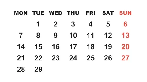 February 25, 2028, Animated 2026 planner showcasing February calendar, Stock Footage 320082226