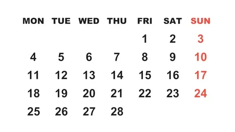 February 25, 2030, Animated 2028 planner showcasing February calendar, Stock Footage 320082236