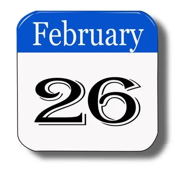 February 26 date of calendar in blue and white color look like 3d with shadow Stock Illustration