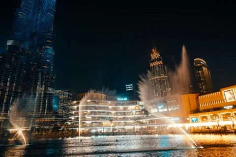 February 29, 2020 - Dubai, UAE - show fountain next to Burj Khalifa Stock Photos