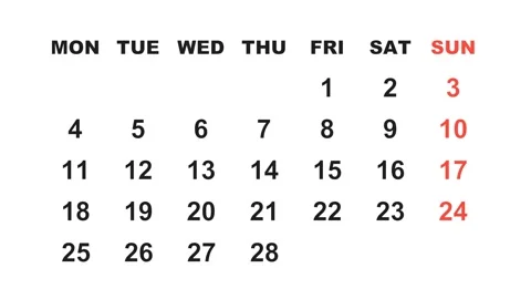 February 3, 2030, Animated 2028 planner showcasing February calendar, Stock Footage 320079856