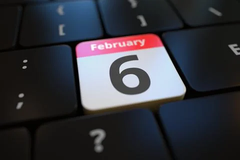 February 6 date on a keyboard key, 3d rendering Illustrazione stock